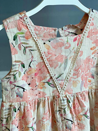 KIZ ÇOCUK SOMON RENK ÇİÇEK DESENLİ %100 PAMUK ELBİSE