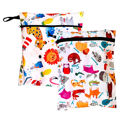 Yorni 2 Adet, 29 x 35 Cm, Jungle ve 37 x 30 Cm,Zoo Desen, Sıvı Geçirmeyen Çok Amaçlı Çanta, Ekonomik Set, Yıkanabilir