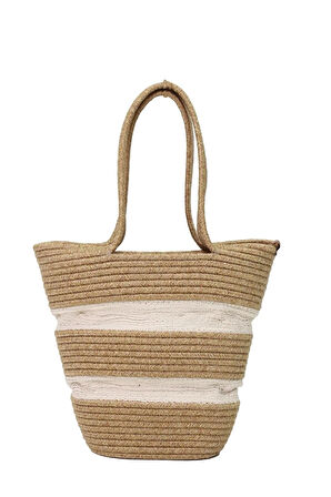 Jutty Kadın Bej-Beyaz Çizgili Hasır Örgü Omuz ve El Çantası - Geniş Hacimli Günlük Çanta