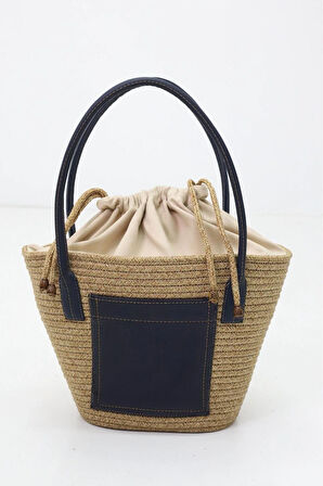 Jutty Kadın Lacivert Detaylı Hasır Örgü El ve Omuz Çantası - Büzgülü Kapaklı Şık Günlük Çanta