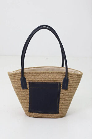 Jutty Kadın Lacivert Detaylı Hasır Örgü El ve Omuz Çantası - Büzgülü Kapaklı Şık Günlük Çanta