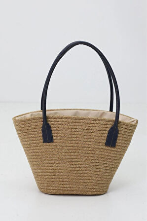 Jutty Kadın Lacivert Detaylı Hasır Örgü El ve Omuz Çantası - Büzgülü Kapaklı Şık Günlük Çanta