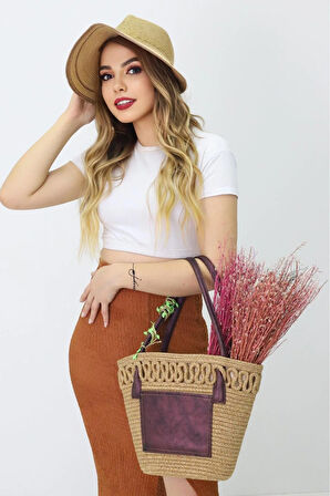 Jutty Hasır Kadın Omuz Çantası – Deri Detaylı Şık Günlük El ve Omuz Çantası