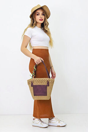 Jutty Hasır Kadın Omuz Çantası – Deri Detaylı Şık Günlük El ve Omuz Çantası