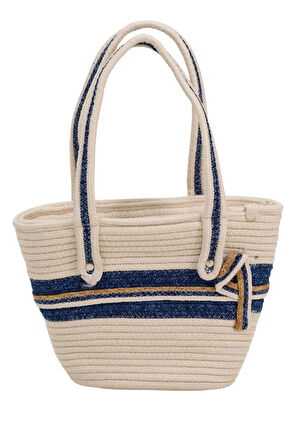 Jutty El Yapımı Hasır Plaj Çantası Fermuarlı Omuz Askılı Yazlık Tote Çanta Mavi Çizgili Denizci Stil