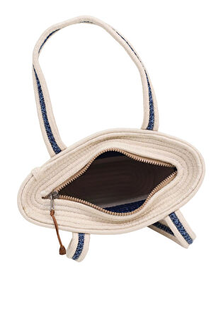 Jutty El Yapımı Hasır Plaj Çantası Fermuarlı Omuz Askılı Yazlık Tote Çanta Mavi Çizgili Denizci Stil