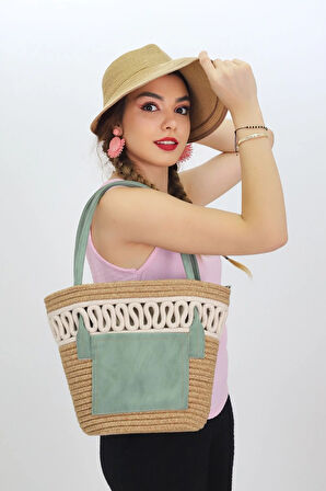 Jutty Bohem Makrome Detaylı Hasır Çantas Su Yeşili Saplı Yazlık Omuz ve Tote Çanta İçten Büzgülü