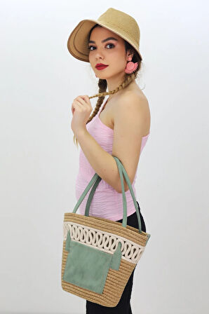 Jutty Bohem Makrome Detaylı Hasır Çantas Su Yeşili Saplı Yazlık Omuz ve Tote Çanta İçten Büzgülü