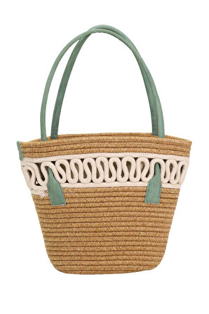 Jutty Bohem Makrome Detaylı Hasır Çantas Su Yeşili Saplı Yazlık Omuz ve Tote Çanta İçten Büzgülü