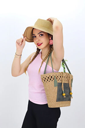 Jutty Jüt Hasır Plaj Çantası Koyu Yeşil Saplı Büzgülü Bohem Omuz Çantası Deri Detaylı Yazlık Tote