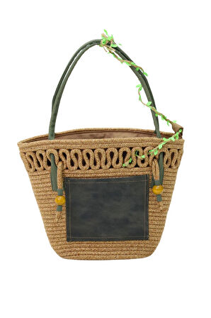 Jutty Jüt Hasır Plaj Çantası Koyu Yeşil Saplı Büzgülü Bohem Omuz Çantası Deri Detaylı Yazlık Tote