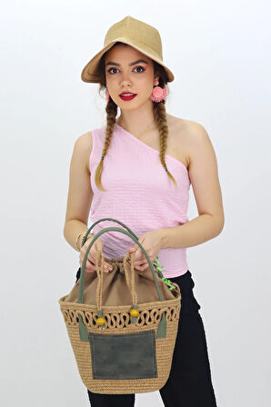 Jutty Jüt Hasır Plaj Çantası Koyu Yeşil Saplı Büzgülü Bohem Omuz Çantası Deri Detaylı Yazlık Tote