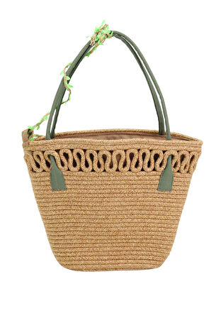 Jutty Jüt Hasır Plaj Çantası Koyu Yeşil Saplı Büzgülü Bohem Omuz Çantası Deri Detaylı Yazlık Tote