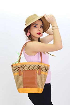 Jutty Turuncu Şeritli Jüt Hasır Plaj Çantası Taba Deri Saplı Büzgülü Yazlık Omuz Çantası Bohem Tote