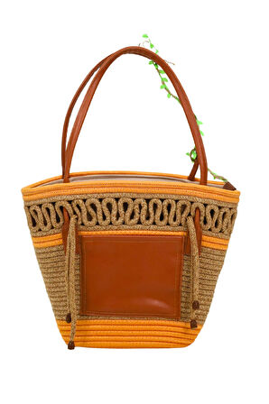 Jutty Turuncu Şeritli Jüt Hasır Plaj Çantası Taba Deri Saplı Büzgülü Yazlık Omuz Çantası Bohem Tote