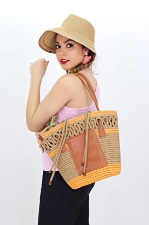 Jutty Turuncu Şeritli Jüt Hasır Plaj Çantası Taba Deri Saplı Büzgülü Yazlık Omuz Çantası Bohem Tote