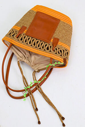 Jutty Turuncu Şeritli Jüt Hasır Plaj Çantası Taba Deri Saplı Büzgülü Yazlık Omuz Çantası Bohem Tote