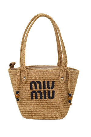 Jutty Hasır Kova Çanta Miu Miu Baskılı Jüt Yazlık Omuz ve El Çantası Büzgülü Kapamalı Plaj Tote