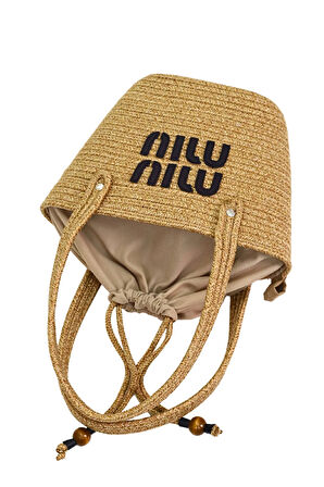 Jutty Hasır Kova Çanta Miu Miu Baskılı Jüt Yazlık Omuz ve El Çantası Büzgülü Kapamalı Plaj Tote