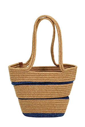 Jutty Mavi Çizgili Jüt Hasır Plaj Çantası Marine Stil Büyük Boy Yazlık Omuz Tote Çanta Halat Saplı