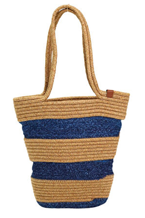 Jutty Mavi Çizgili Jüt Hasır Plaj Çantası Marine Stil Büyük Boy Yazlık Omuz Tote Çanta Halat Saplı