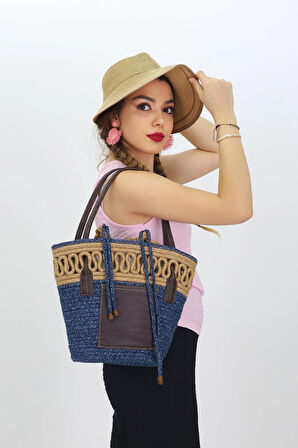 Jutty Kobalt Mavi Hasır Plaj Çantası Taba Deri Saplı Makrome Detaylı Bohem Omuz Çantası Büzgülü Tote