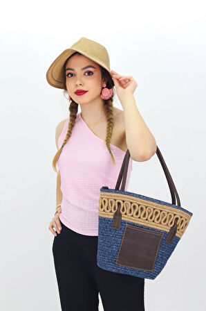 Jutty Kobalt Mavi Hasır Plaj Çantası Taba Deri Saplı Makrome Detaylı Bohem Omuz Çantası Büzgülü Tote