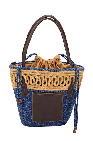 Jutty Kobalt Mavi Hasır Plaj Çantası Taba Deri Saplı Makrome Detaylı Bohem Omuz Çantası Büzgülü Tote