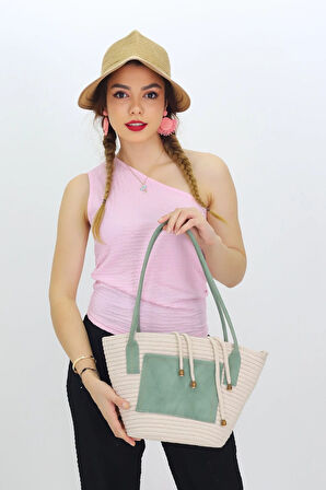 Jutty Krem Rengi Halat Hasır Plaj Çantası Su Yeşili Saplı Minimalist Yazlık Tote Büzgülü Omuz Çanta