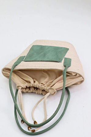 Jutty Krem Rengi Halat Hasır Plaj Çantası Su Yeşili Saplı Minimalist Yazlık Tote Büzgülü Omuz Çanta