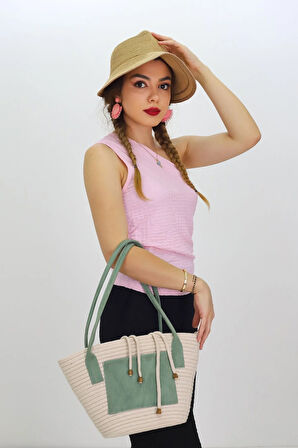 Jutty Krem Rengi Halat Hasır Plaj Çantası Su Yeşili Saplı Minimalist Yazlık Tote Büzgülü Omuz Çanta