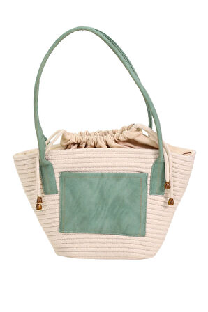 Jutty Krem Rengi Halat Hasır Plaj Çantası Su Yeşili Saplı Minimalist Yazlık Tote Büzgülü Omuz Çanta