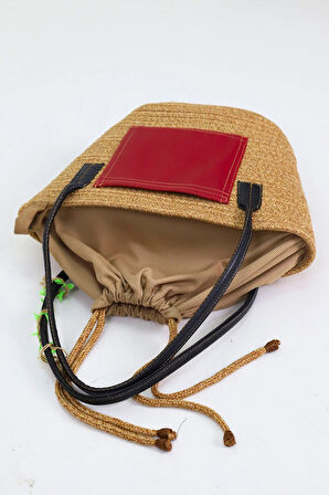 Jutty Jüt Hasır Kova Çanta Siyah Deri Saplı Kırmızı Yama Detaylı Yazlık Tote Büzgülü Plaj Omuz Çanta