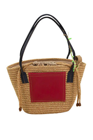 Jutty Jüt Hasır Kova Çanta Siyah Deri Saplı Kırmızı Yama Detaylı Yazlık Tote Büzgülü Plaj Omuz Çanta