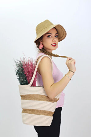 Jutty İki Renkli Halat Hasır Çantası Krem ve Jüt Çizgili Yazlık Tote Kalın Saplı Omuz ve El Çantası