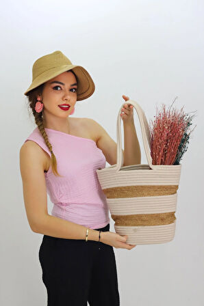 Jutty İki Renkli Halat Hasır Çantası Krem ve Jüt Çizgili Yazlık Tote Kalın Saplı Omuz ve El Çantası