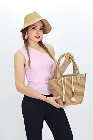 Jutty Bohem Büzgülü Hasır Çanta Ahşap Detaylı Yazlık Plaj Omuz ve El Çantası