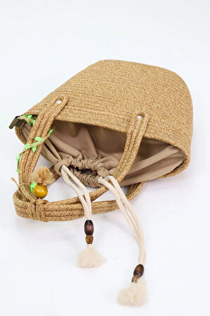 Jutty Bohem Büzgülü Hasır Çanta Ahşap Detaylı Yazlık Plaj Omuz ve El Çantası