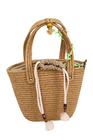 Jutty Bohem Büzgülü Hasır Çanta Ahşap Detaylı Yazlık Plaj Omuz ve El Çantası