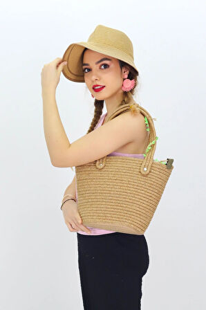 Jutty Bohem Büzgülü Hasır Çanta Ahşap Detaylı Yazlık Plaj Omuz ve El Çantası