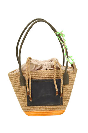 Jutty Modern Hasır Plaj Çantası - Deri Detaylı Büzgülü Yazlık Omuz ve El Çantası