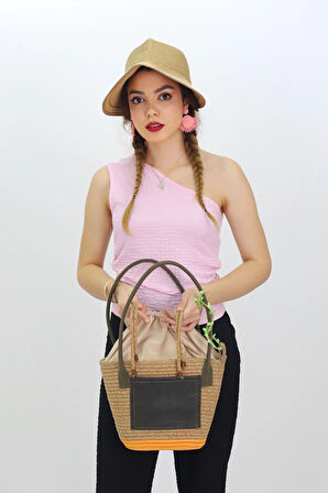 Jutty Modern Hasır Plaj Çantası - Deri Detaylı Büzgülü Yazlık Omuz ve El Çantası