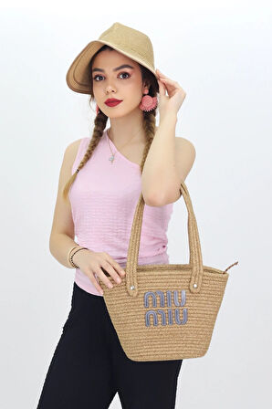 Jutty Miu Miu Logolu Mini Hasır Çanta - Fermuarlı Yazlık El ve Omuz Tote Çantası