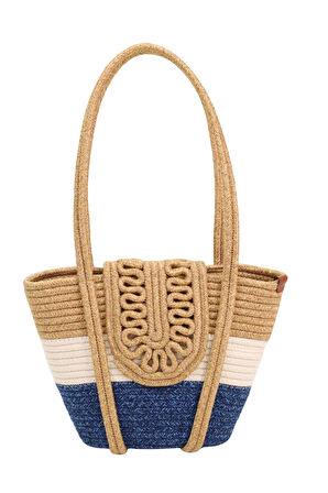 Jutty Marin Halat Örgü Çanta - Mavi Beyaz Renk Bloklu Plaj ve Yazlık Omuz Çantası