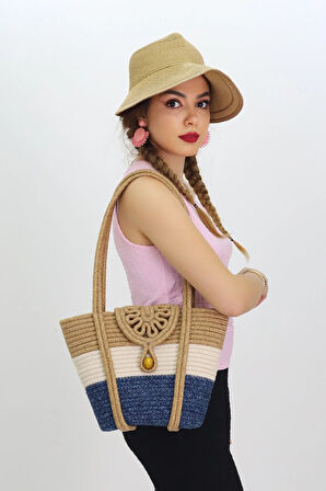 Jutty Marin Halat Örgü Çanta - Mavi Beyaz Renk Bloklu Plaj ve Yazlık Omuz Çantası