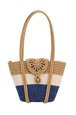 Jutty Marin Halat Örgü Çanta - Mavi Beyaz Renk Bloklu Plaj ve Yazlık Omuz Çantası