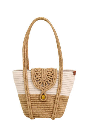 Jutty Etnik Makrome Kapaklı Halat Çanta - Doğal Renk Bloklu Yazlık Omuz ve Plaj Tote