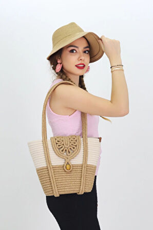 Jutty Etnik Makrome Kapaklı Halat Çanta - Doğal Renk Bloklu Yazlık Omuz ve Plaj Tote