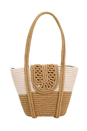 Jutty Etnik Makrome Kapaklı Halat Çanta - Doğal Renk Bloklu Yazlık Omuz ve Plaj Tote