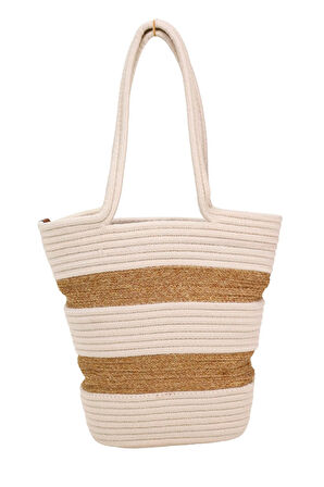 Jutty Çizgili Halat Örgü Plaj Çantası - Nötr Renk Şeritli Büyük Boy Yazlık Tote